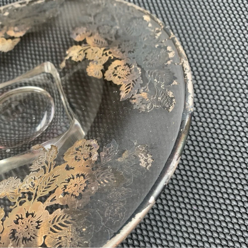Vintage Plate Glass Gold Floral Design Decorative 7 Inches